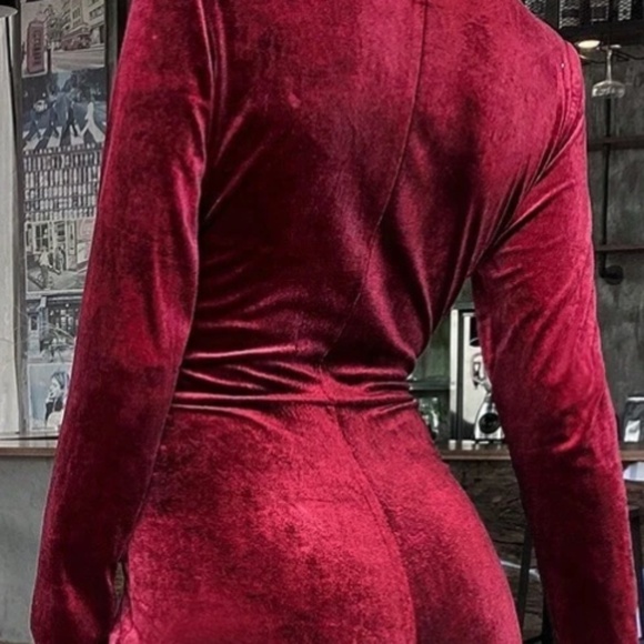 Luxe Burgundy Velvet Plunging Neck Straight Leg Jumpsuit - Picture 2 of 5